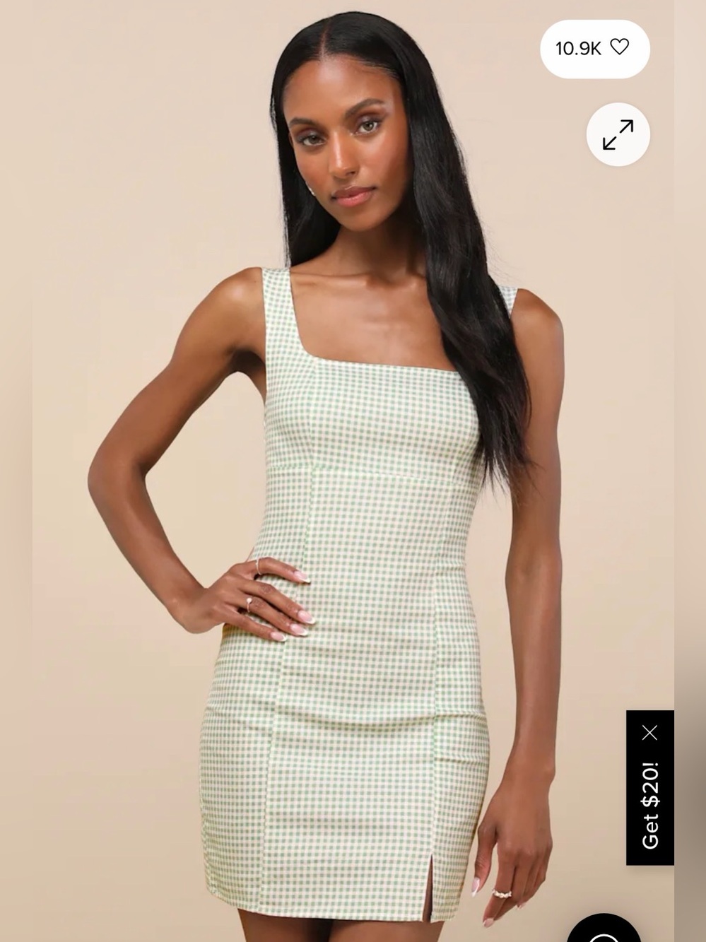 Lulu's Happy Chance Sage Green Gingham Square Neck Mini Dress size XS